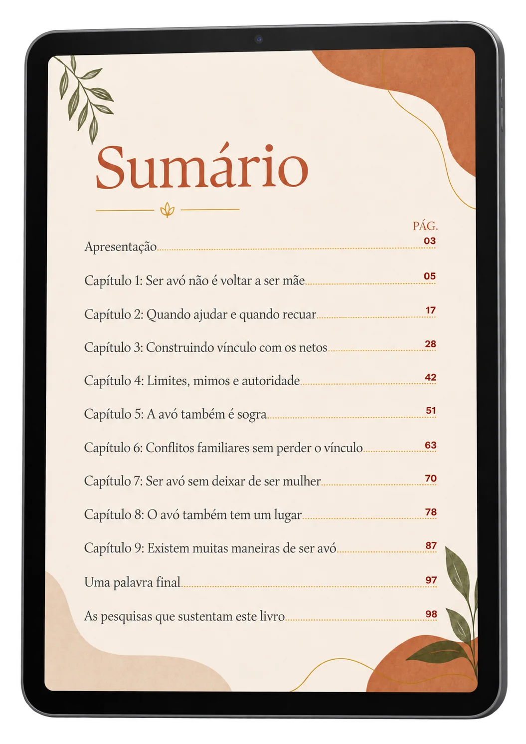 Sumário aberto do livro digital A Arte de Ser Avó, com os nove capítulos